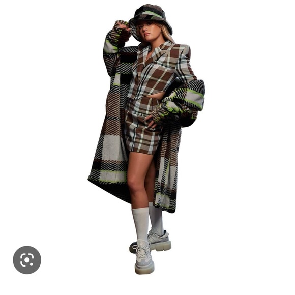 Adidas Ivy park Halls of Ivy plaid faux fur trench coat jacket - Picture 9 of 14